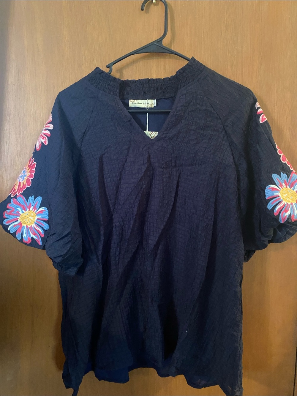 Southern Stitch Navy Embroidered Baloon Sleeve Tunic
